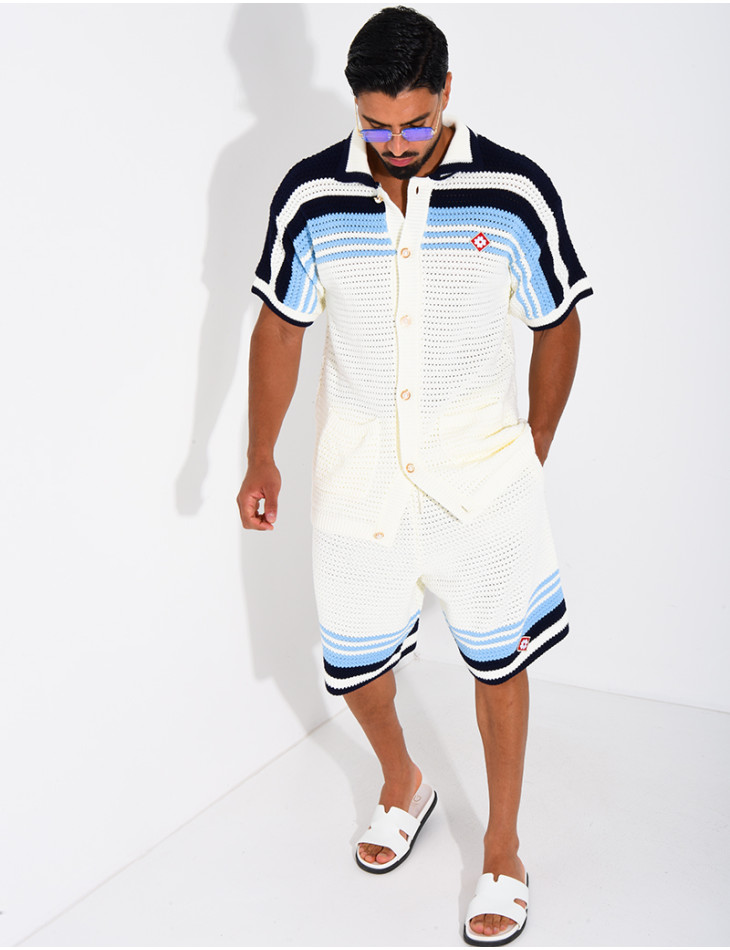 Ensemble ajouré short et chemise à bouton perle et trèfle