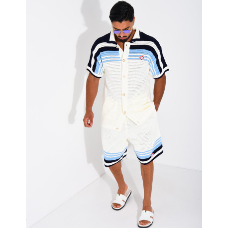 Ensemble ajouré short et chemise à bouton perle et trèfle