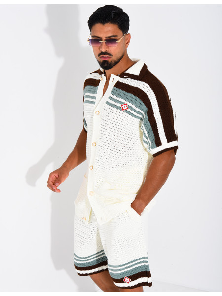 Ensemble ajouré short et chemise à bouton perle et trèfle