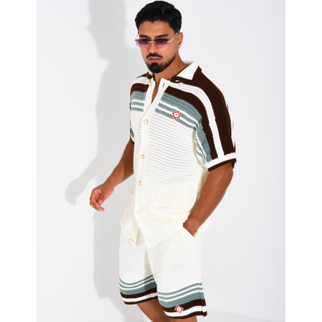 Ensemble ajouré short et chemise à bouton perle et trèfle