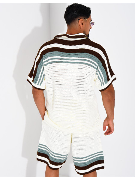 Ensemble ajouré short et chemise à bouton perle et trèfle