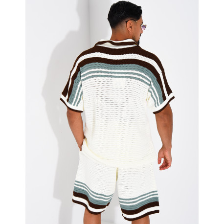 Ensemble ajouré short et chemise à bouton perle et trèfle