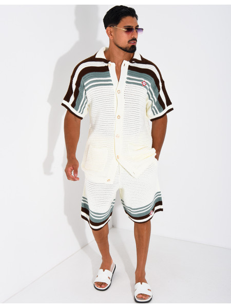 Ensemble ajouré short et chemise à bouton perle et trèfle