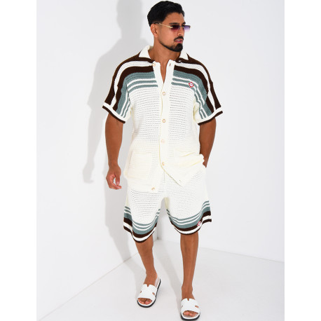 Ensemble ajouré short et chemise à bouton perle et trèfle