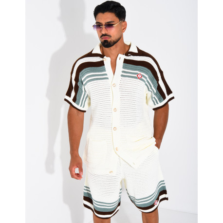 Ensemble ajouré short et chemise à bouton perle et trèfle