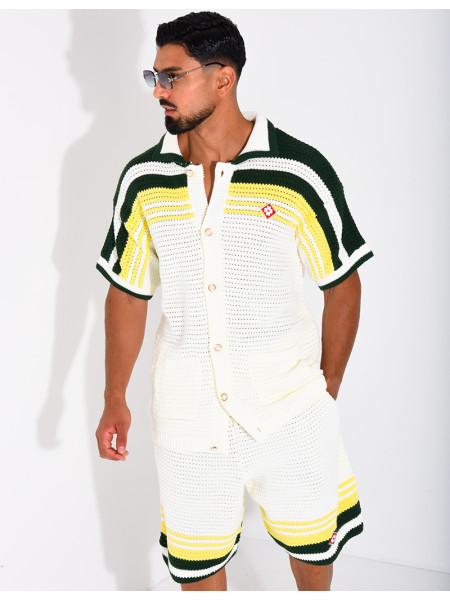 Ensemble ajouré short et chemise à bouton perle et trèfle