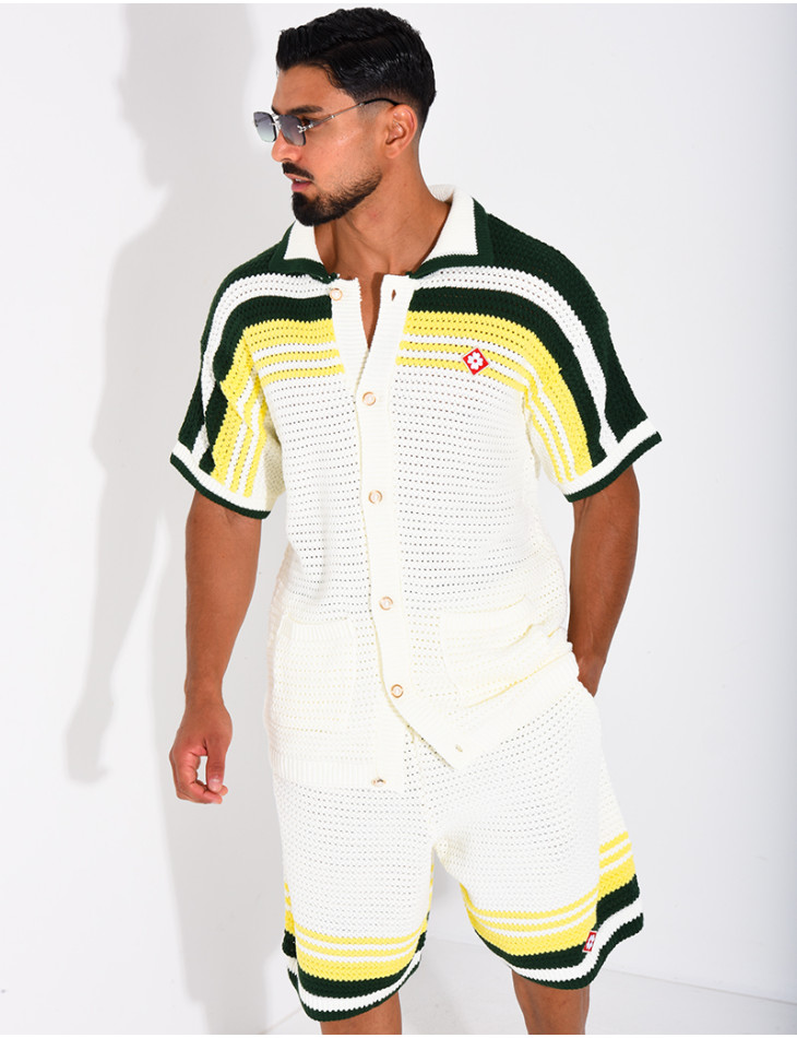 Ensemble ajouré short et chemise à bouton perle et trèfle