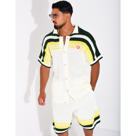 Ensemble ajouré short et chemise à bouton perle et trèfle
