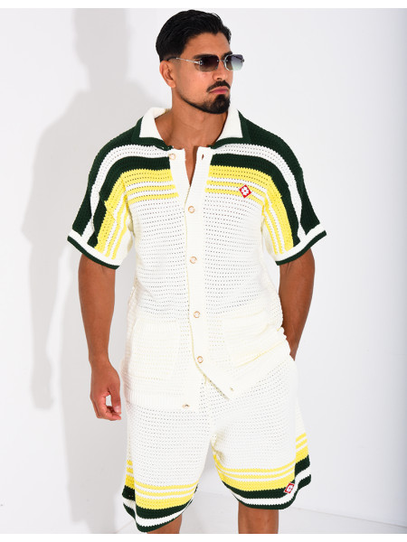 Ensemble ajouré short et chemise à bouton perle et trèfle