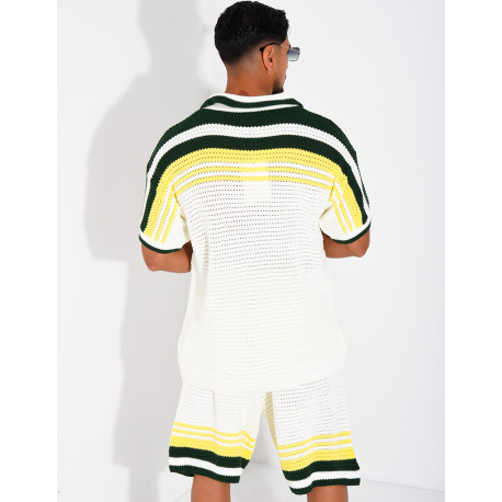 Ensemble ajouré short et chemise à bouton perle et trèfle