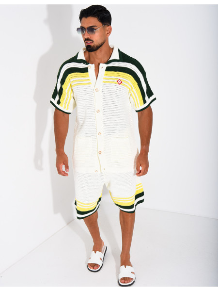 Ensemble ajouré short et chemise à bouton perle et trèfle