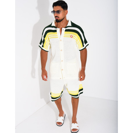 Ensemble ajouré short et chemise à bouton perle et trèfle