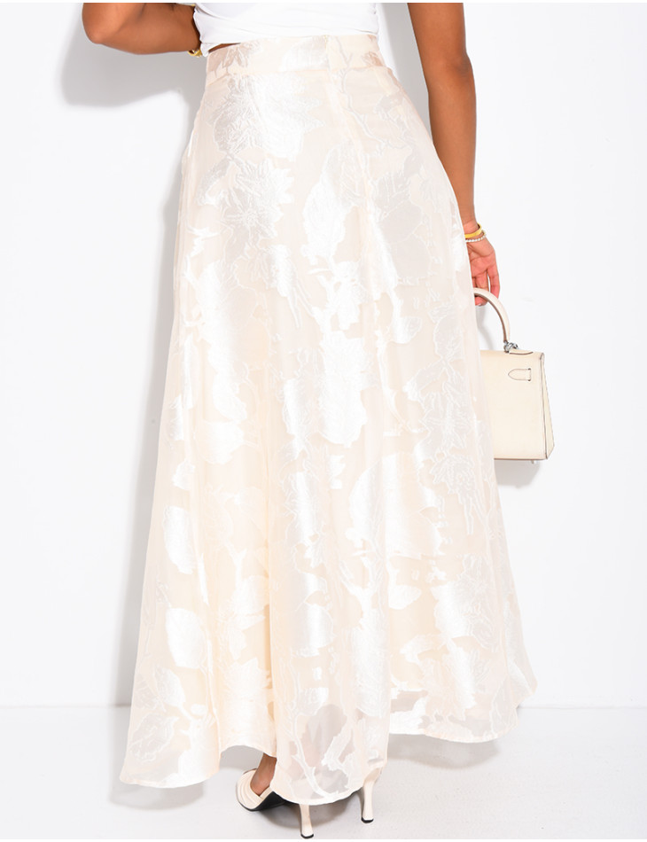 High-waisted long skirt in patterned lined voile