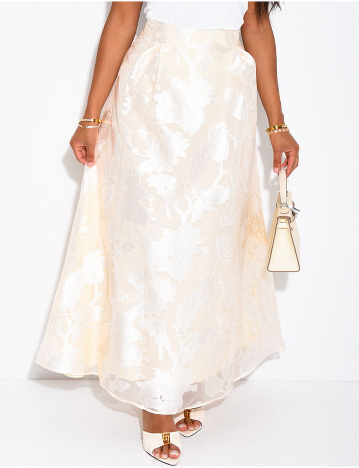 High-waisted long skirt in patterned lined voile