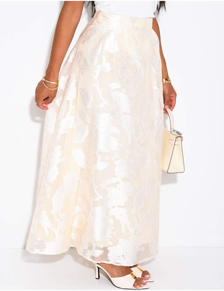 High-waisted long skirt in patterned lined voile