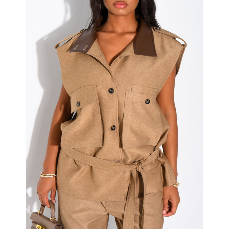Veste cargo sans manche en tissu texturé