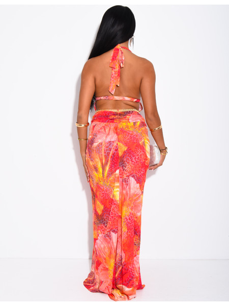 Long, backless voile dress with a patterned design & beaded belt