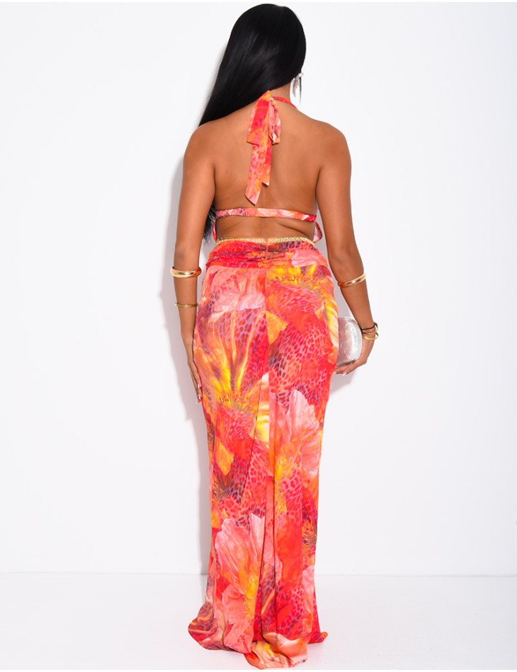 Long, backless voile dress with a patterned design & beaded belt