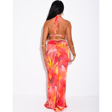 Long, backless voile dress with a patterned design & beaded belt