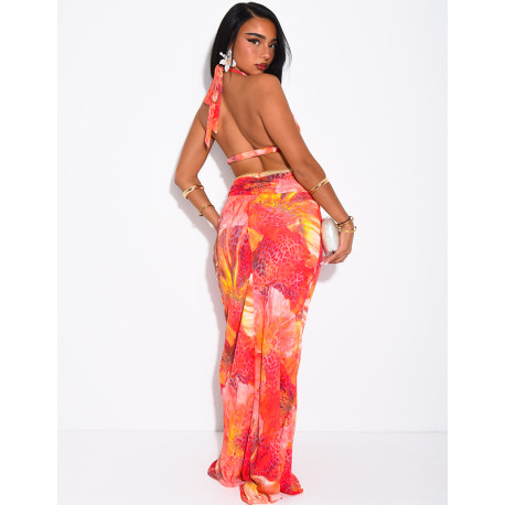 Long, backless voile dress with a patterned design & beaded belt