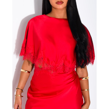 Langes, durchbrochenes Satin-Kleid mit Spitzenbesatz