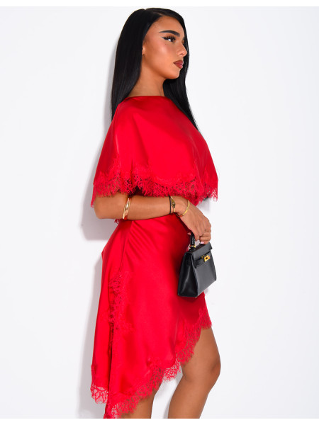 Langes, durchbrochenes Satin-Kleid mit Spitzenbesatz