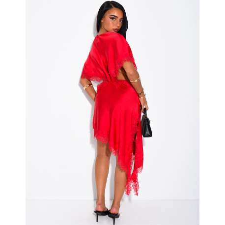 Langes, durchbrochenes Satin-Kleid mit Spitzenbesatz