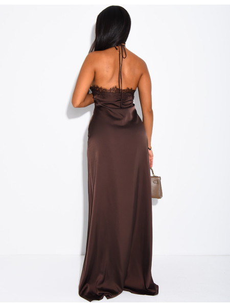 Robe longue en satin à dos nu asymétrique avec dentelle
