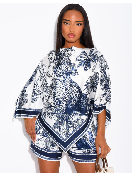 Ensemble top et short en satin à motif style foulard