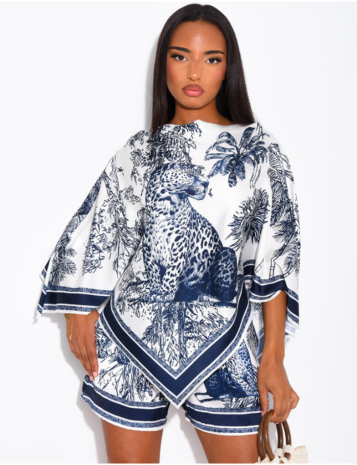 Ensemble top et short en satin à motif style foulard