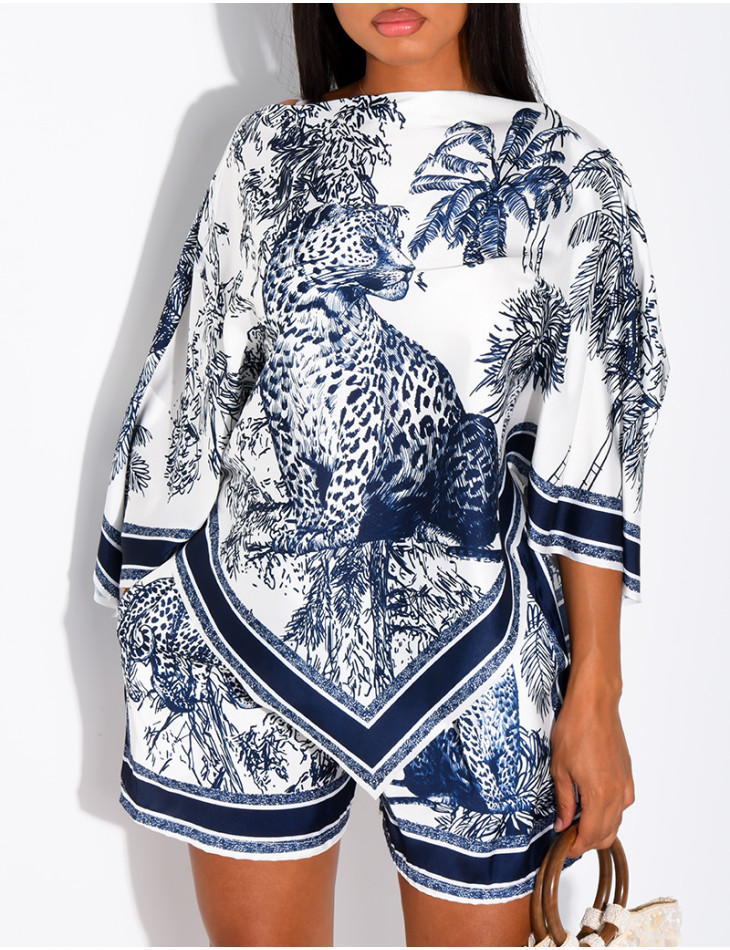 Ensemble top et short en satin à motif style foulard