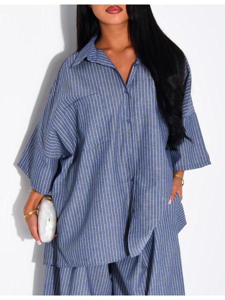 Cotton Set: Wide-Leg Pants and Loose-Fitting Striped Shirt