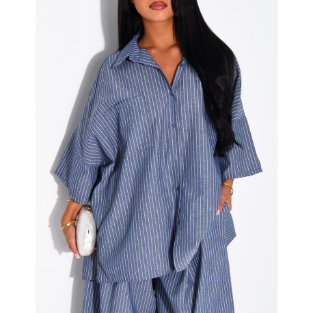 Cotton Set: Wide-Leg Pants and Loose-Fitting Striped Shirt