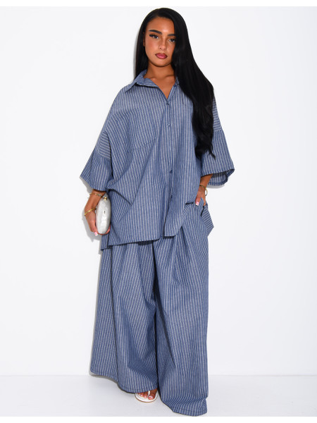Cotton Set: Wide-Leg Pants and Loose-Fitting Striped Shirt