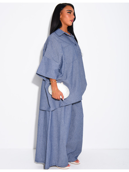 Cotton Set: Wide-Leg Pants and Loose-Fitting Striped Shirt