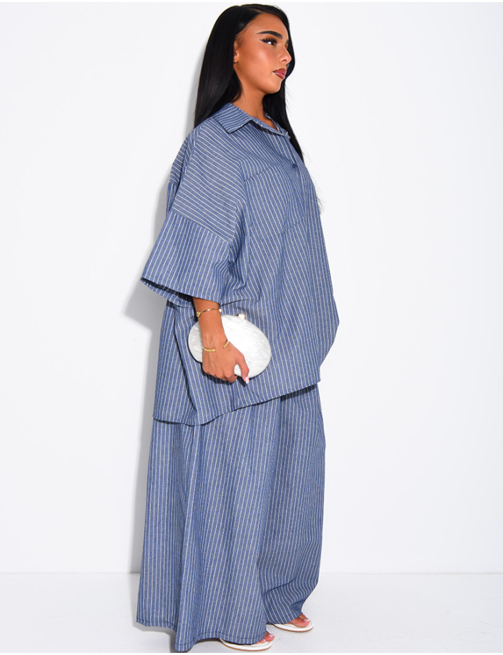 Cotton Set: Wide-Leg Pants and Loose-Fitting Striped Shirt