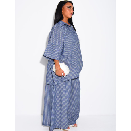 Cotton Set: Wide-Leg Pants and Loose-Fitting Striped Shirt