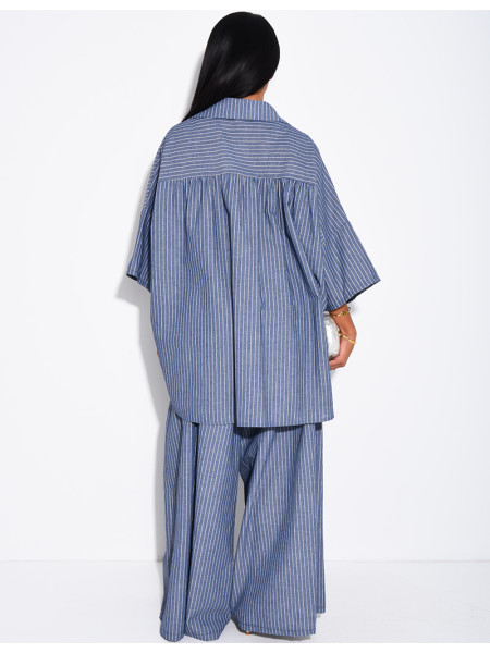 Cotton Set: Wide-Leg Pants and Loose-Fitting Striped Shirt