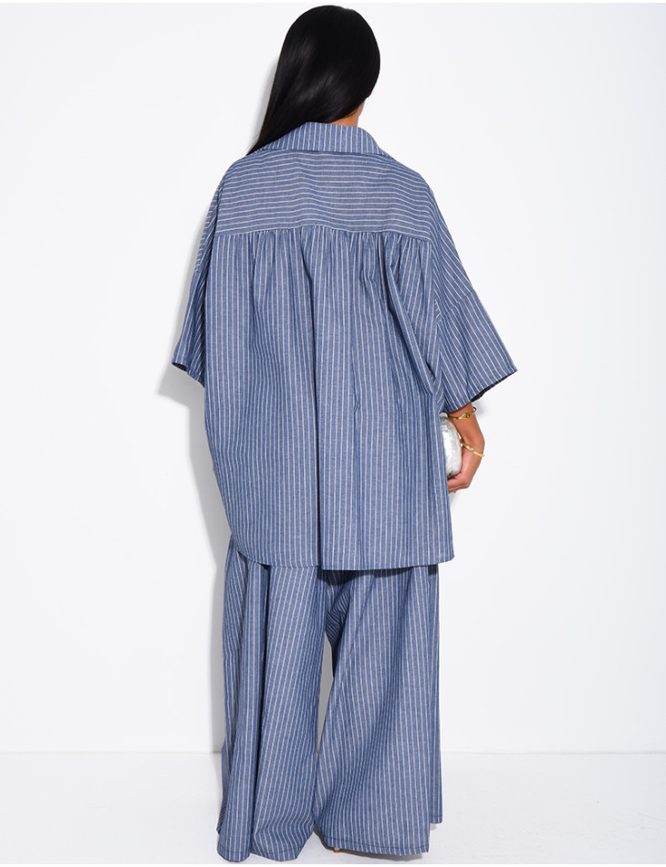 Cotton Set: Wide-Leg Pants and Loose-Fitting Striped Shirt