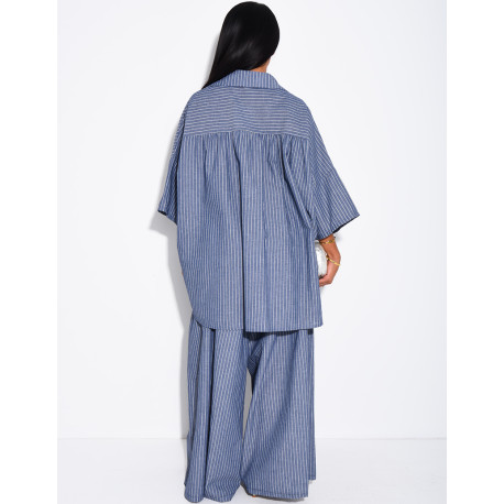 Cotton Set: Wide-Leg Pants and Loose-Fitting Striped Shirt