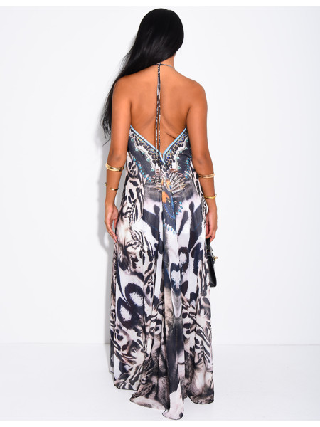 Robe longue dos nu imprimé ornée de strass