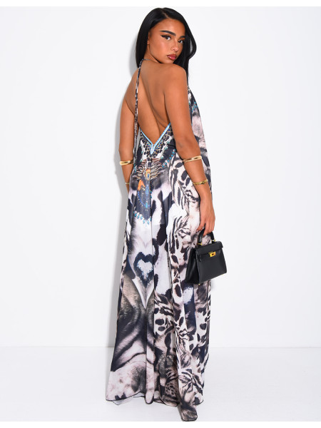 Robe longue dos nu imprimé ornée de strass