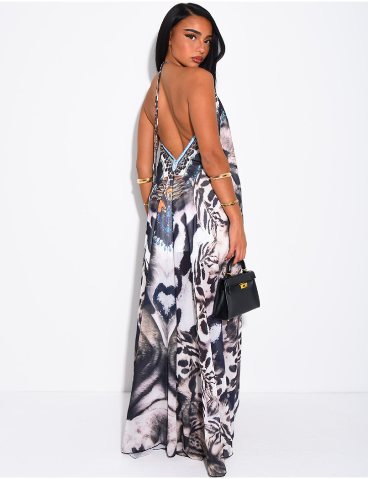Robe longue dos nu imprimé ornée de strass