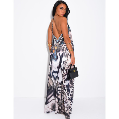 Robe longue dos nu imprimé ornée de strass