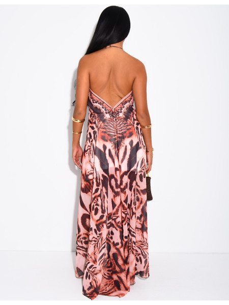 Long, backless printed dress embellished with rhinestones