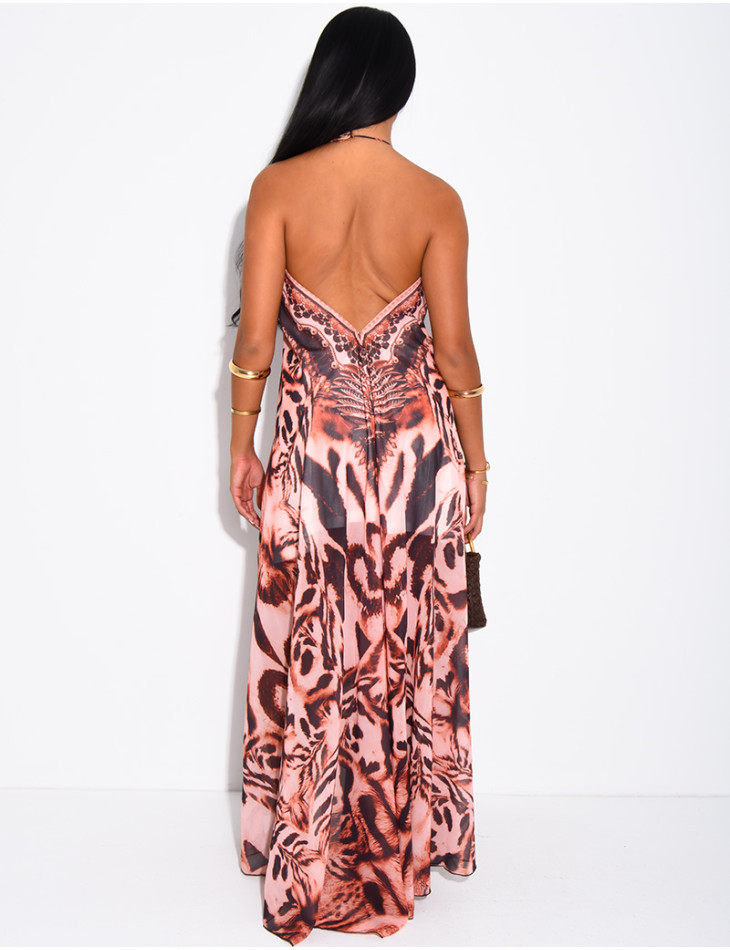 Long, backless printed dress embellished with rhinestones