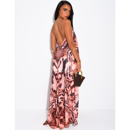 Long, backless printed dress embellished with rhinestones