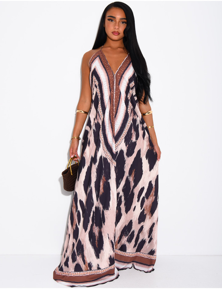 Langes, rückenfreies Kleid mit Print und Strassverzierung