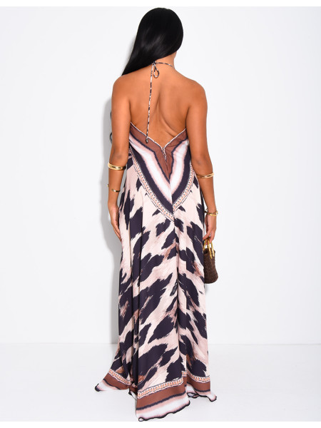 Langes, rückenfreies Kleid mit Print und Strassverzierung