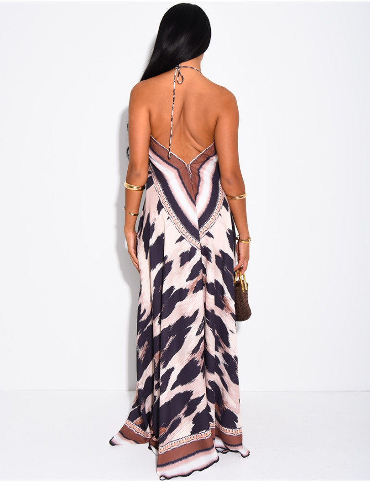 Langes, rückenfreies Kleid mit Print und Strassverzierung